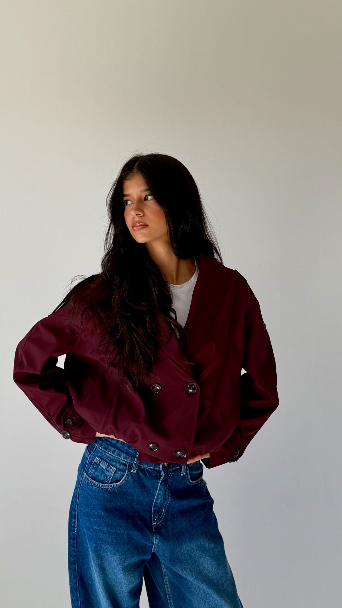 The Double Breasted Cropped Jacket In Burgundy