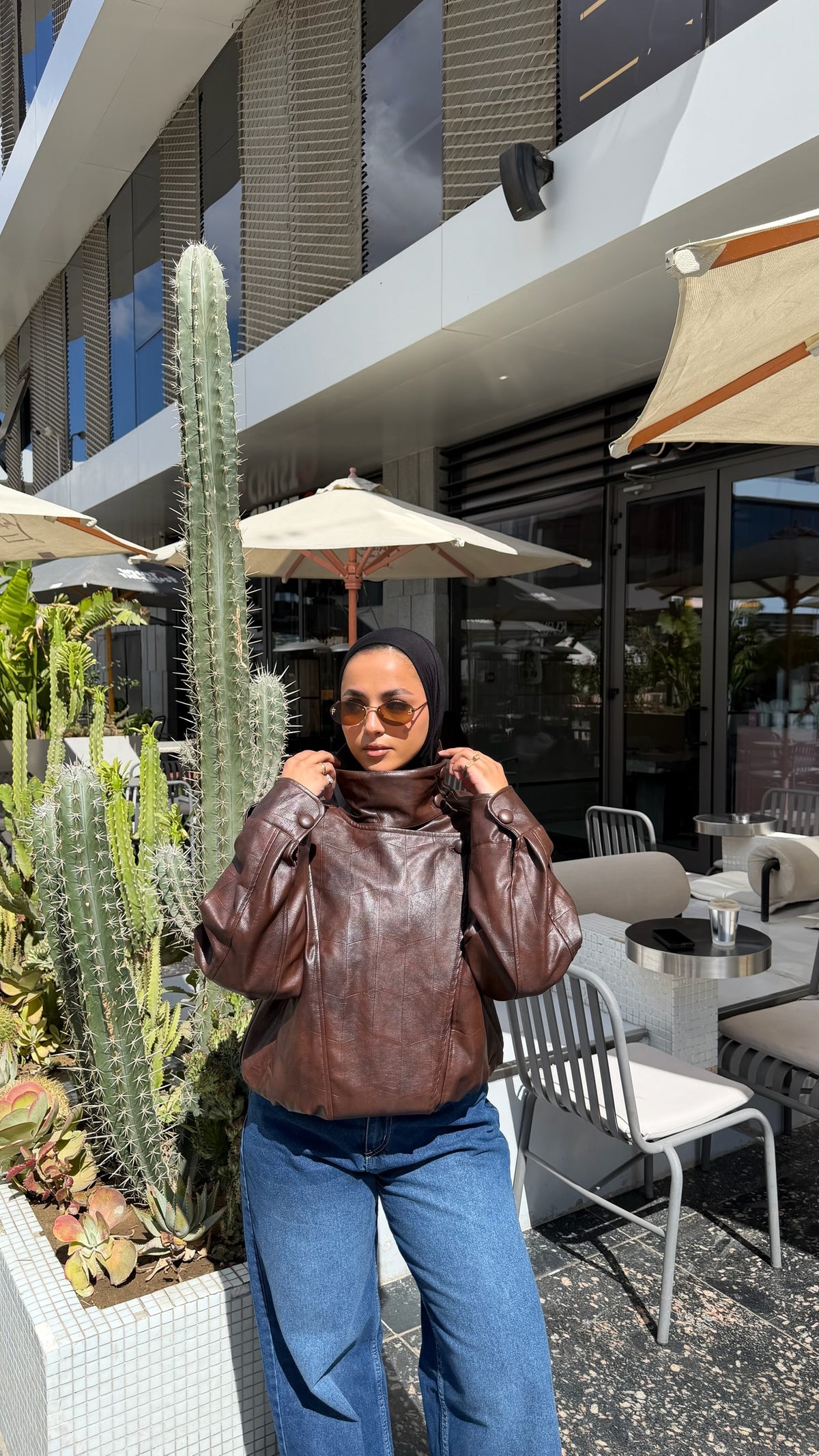 The Funnel Neck Leather Jacket In Brown