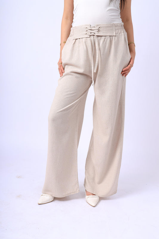 Beige Linen Pants With A Tie