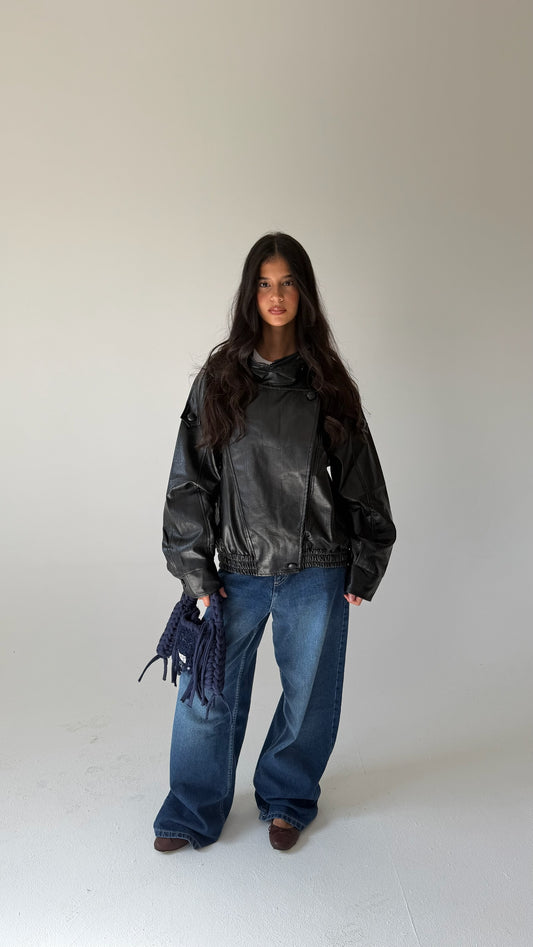 The Funnel Neck Leather Jacket In Black