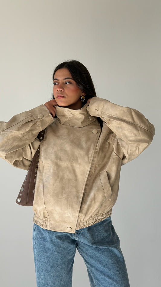 The Funnel Neck Leather Jacket In Beige