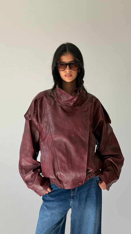 The Funnel Neck Leather Jacket In Burgundy