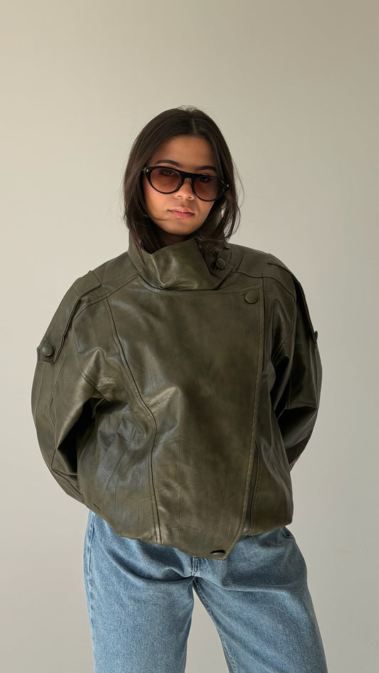 The Funnel Neck Leather Jacket In Dark Green