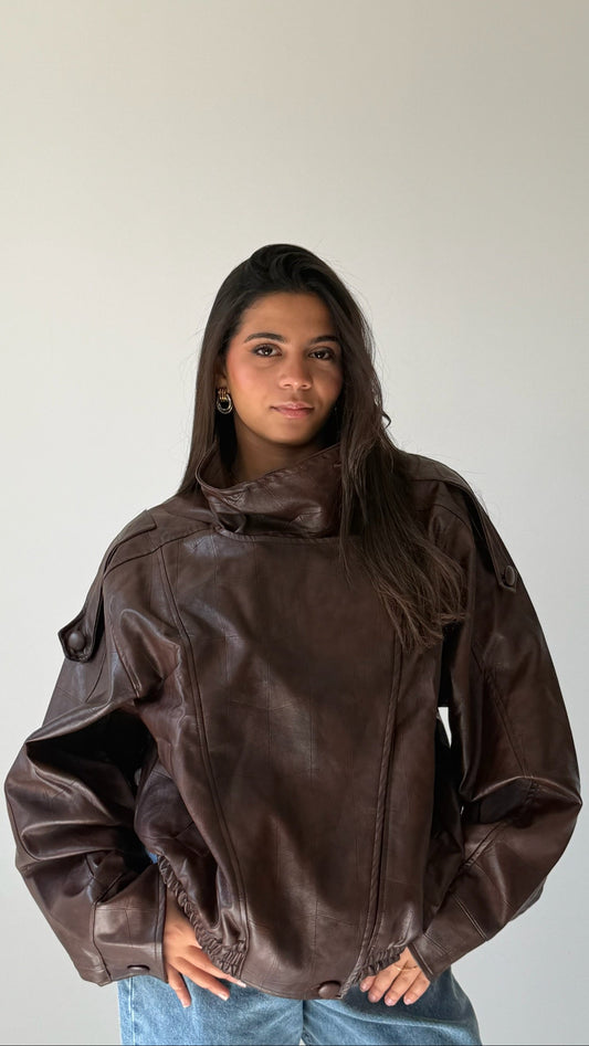 The Funnel Neck Leather Jacket In Brown