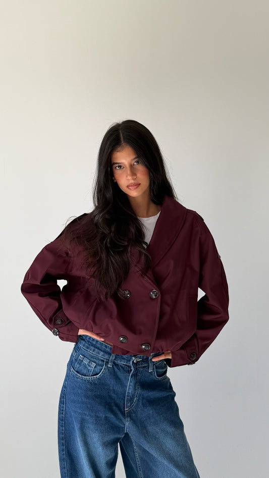 The Double Breasted Cropped Jacket In Burgundy