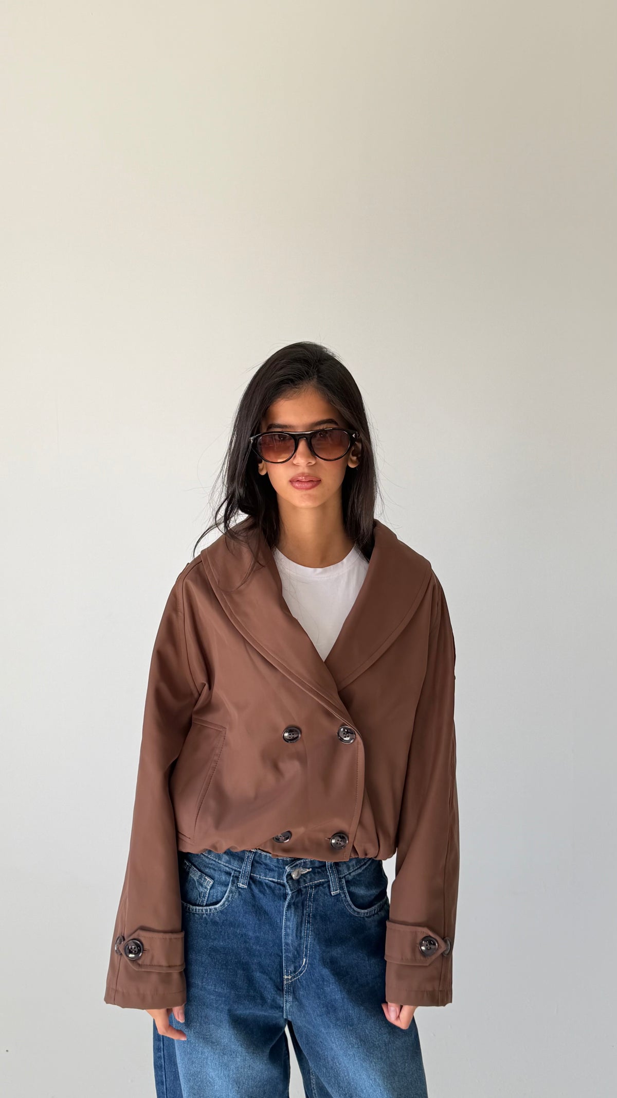 The Double Breasted Cropped Jacket in brown