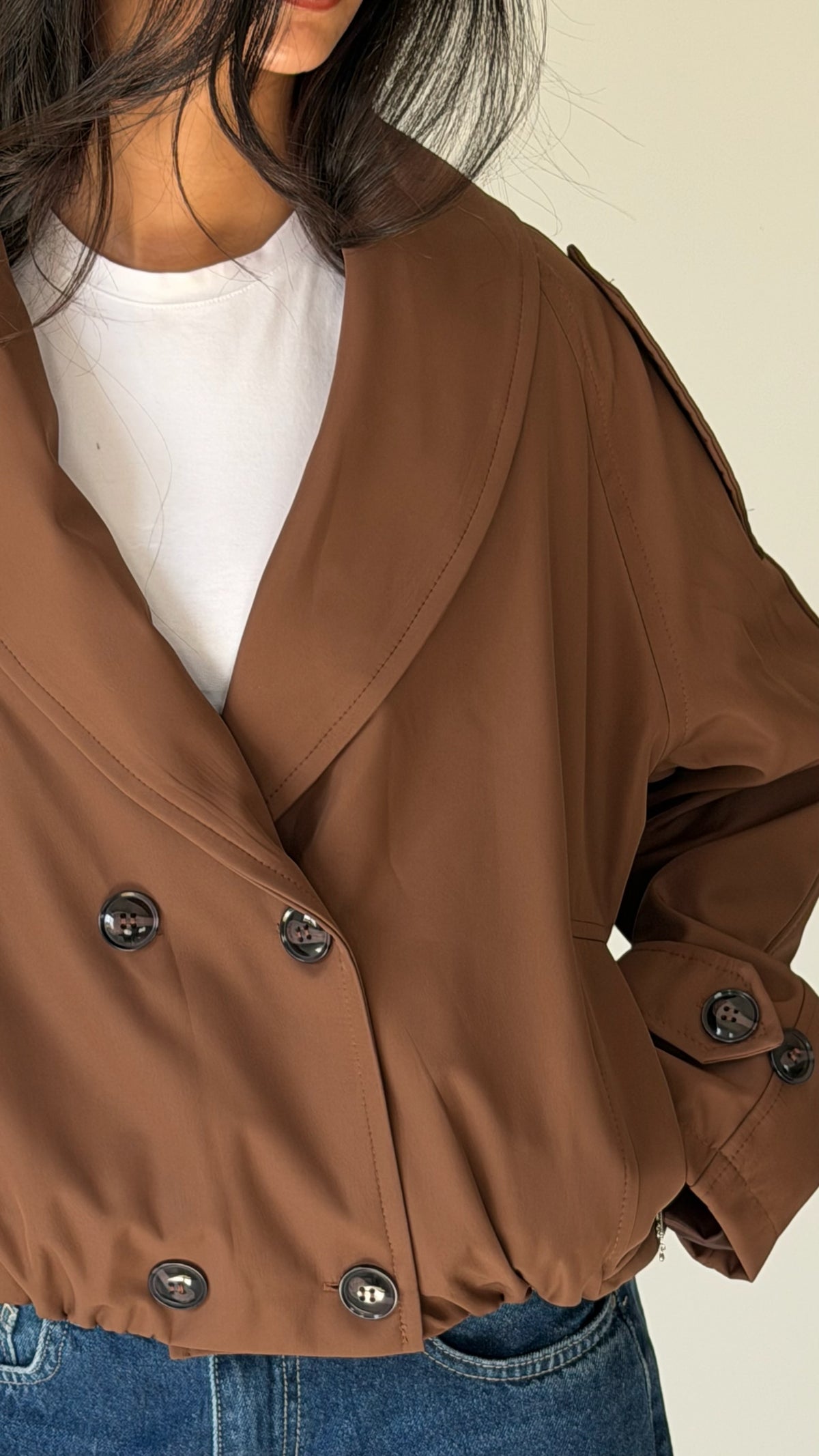 The Double Breasted Cropped Jacket in brown
