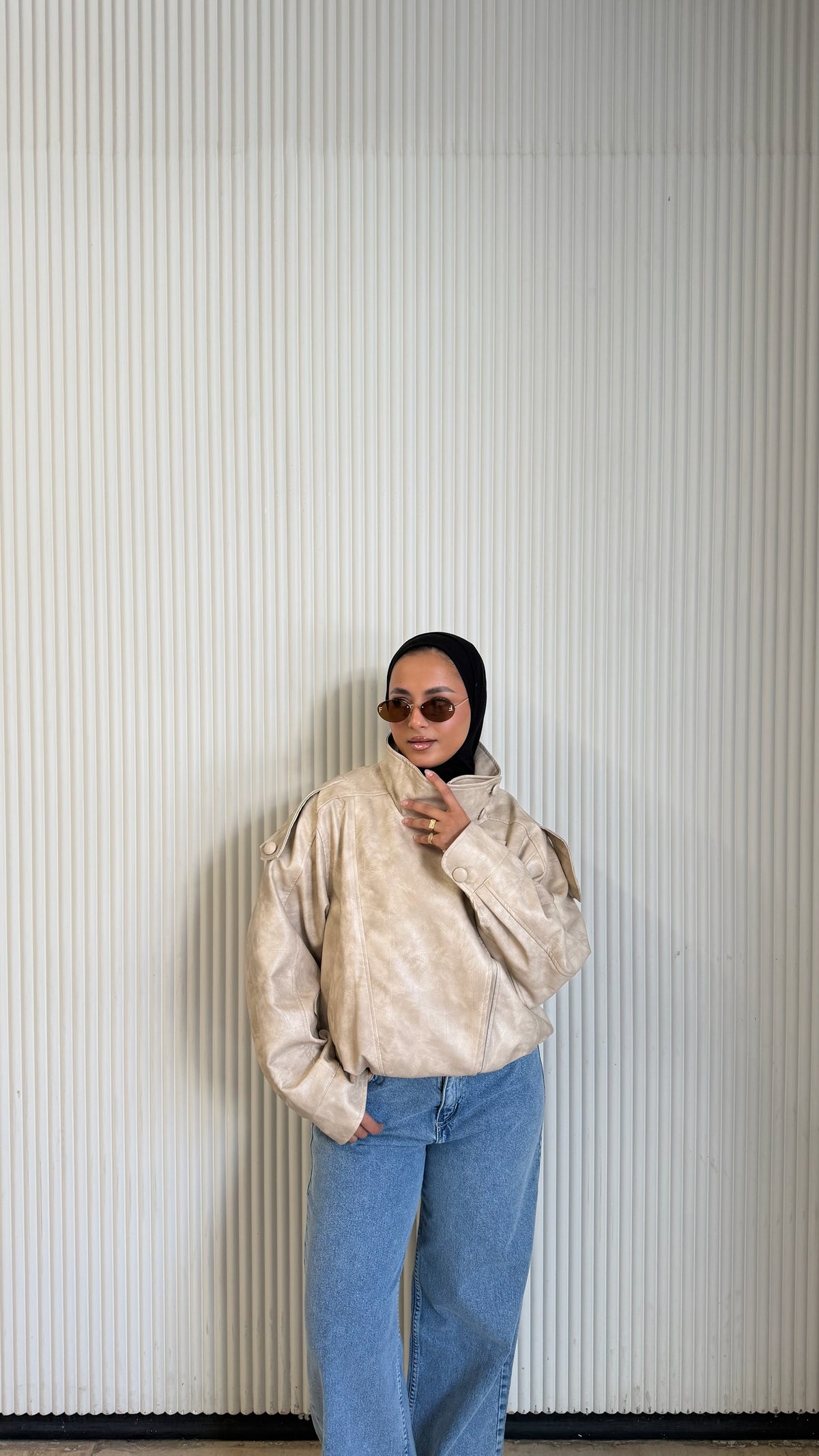 The Funnel Neck Leather Jacket In Beige