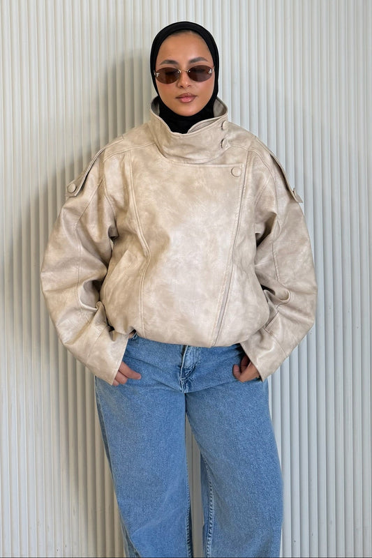 The Funnel Neck Leather Jacket In Beige