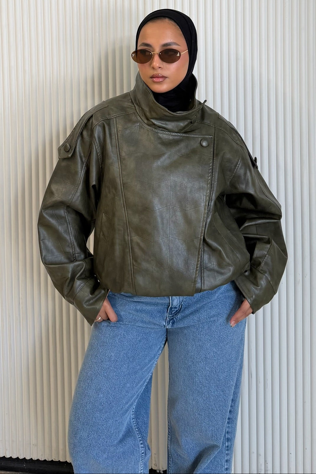The Funnel Neck Leather Jacket In Dark Green