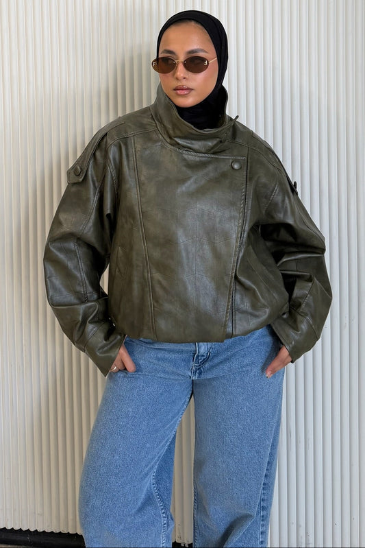 The Funnel Neck Leather Jacket In Dark Green