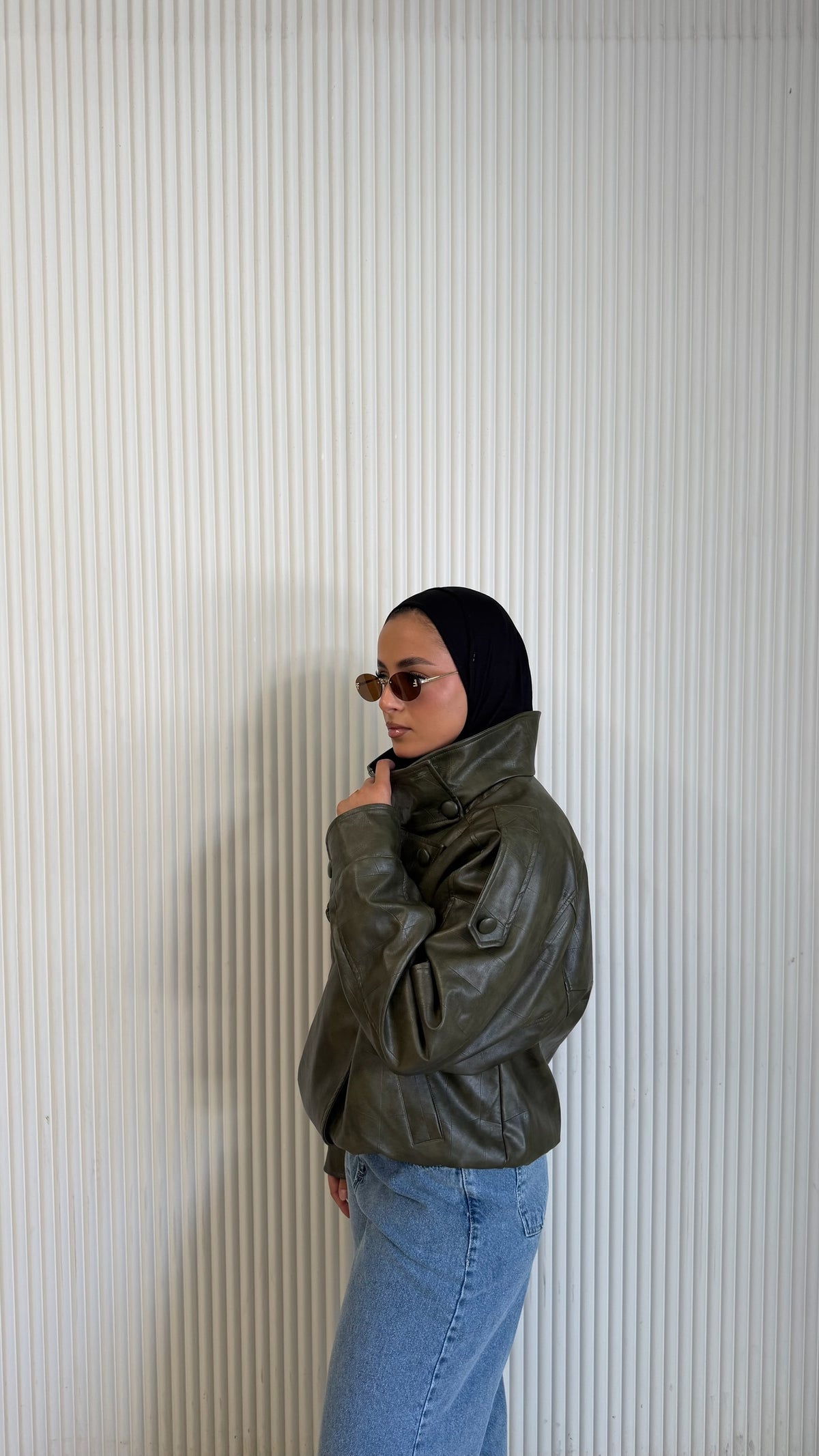 The Funnel Neck Leather Jacket In Dark Green