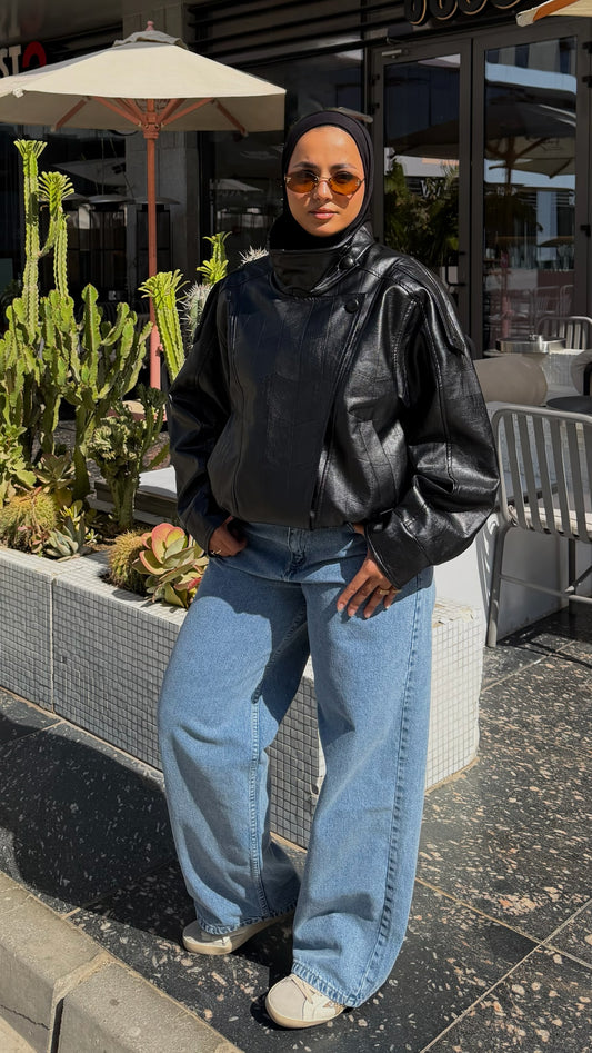 The Funnel Neck Leather Jacket In Black