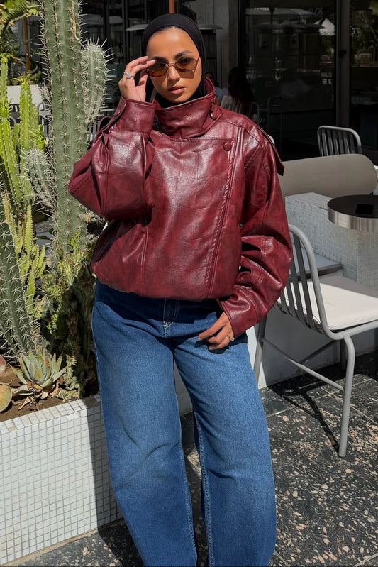 The Funnel Neck Leather Jacket In Burgundy