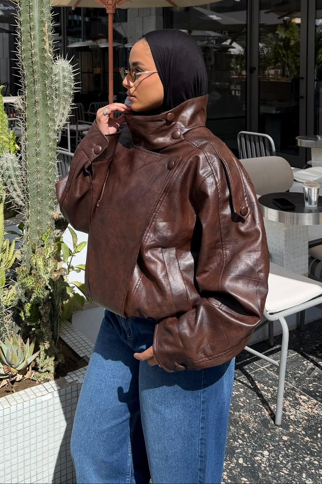 The Funnel Neck Leather Jacket In Brown