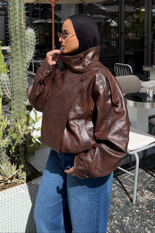 The Funnel Neck Leather Jacket In Brown