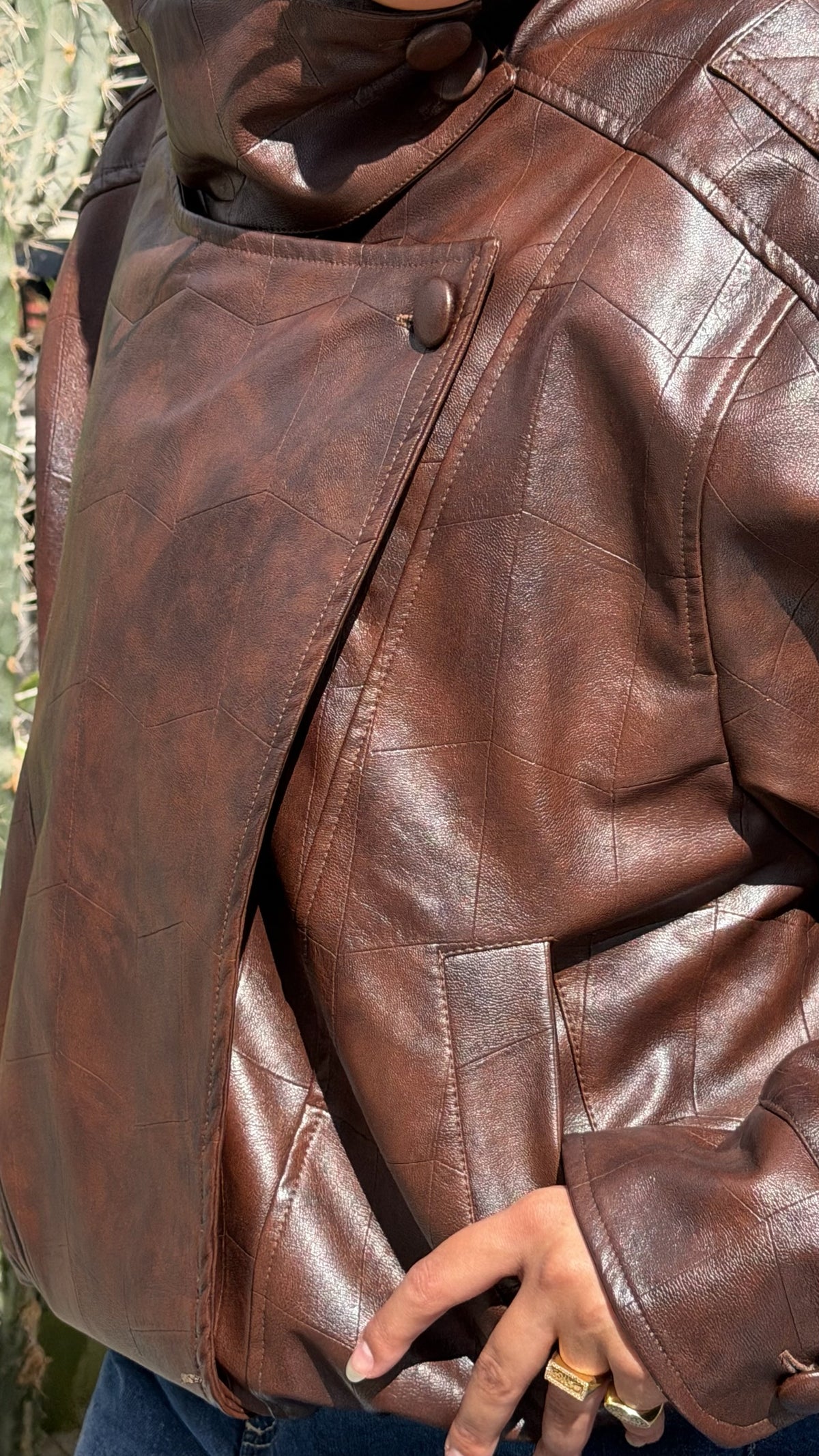The Funnel Neck Leather Jacket In Brown